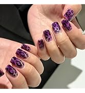 Purple Leopard Press on Nails Medium Square Fake Nails with Sparkling Leopard Print False Nails D...