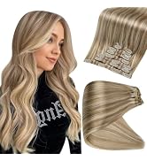 Full Shine Clip in Hair Extensions Blonde Highlighted Seamless Hair Extensions Clip ins Golden Bl...