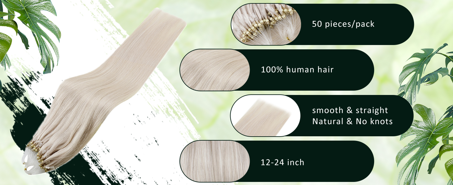Hair extension product display. Shows blonde extensions and lists features: 50 pieces/pack, 100% human hair, smooth & straight, natural & no knots, 12-24 inch length.