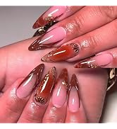 MERVF Press on Nails Long Stiletto Fall, Brown French Tip Fake Nails 3D Gold Glue ons Aura Acryli...