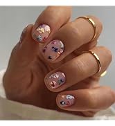 Square Press on Nails Short Fake Nails with Flower Designs Glossy Glue on Nails Cute Acrylic Nail...