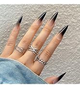 Halloween Press on Nails Long Almond Fake Nails Stiletto Nails Press ons Glossy Glue on Nails Bla...