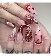 FOLONRAL Halloween Press on Nails Almond Medium Fake Nails with Red Blood & Spider Web Designs Fr...