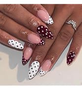 IMSOHOT Polka Dot Press on Nails Medium Almond Fake Nails Burgundy White French Nail Tips Glossy ...