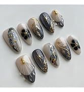 30Pcs Fall Press on Nails Medium Almond Black French Tip Fake Nails with 3D Designs Full Cover Au...