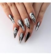 Mivota Halloween Press On Nails Almond Medium, Gray Black Fake Nails with 3D Silver and White Ske...