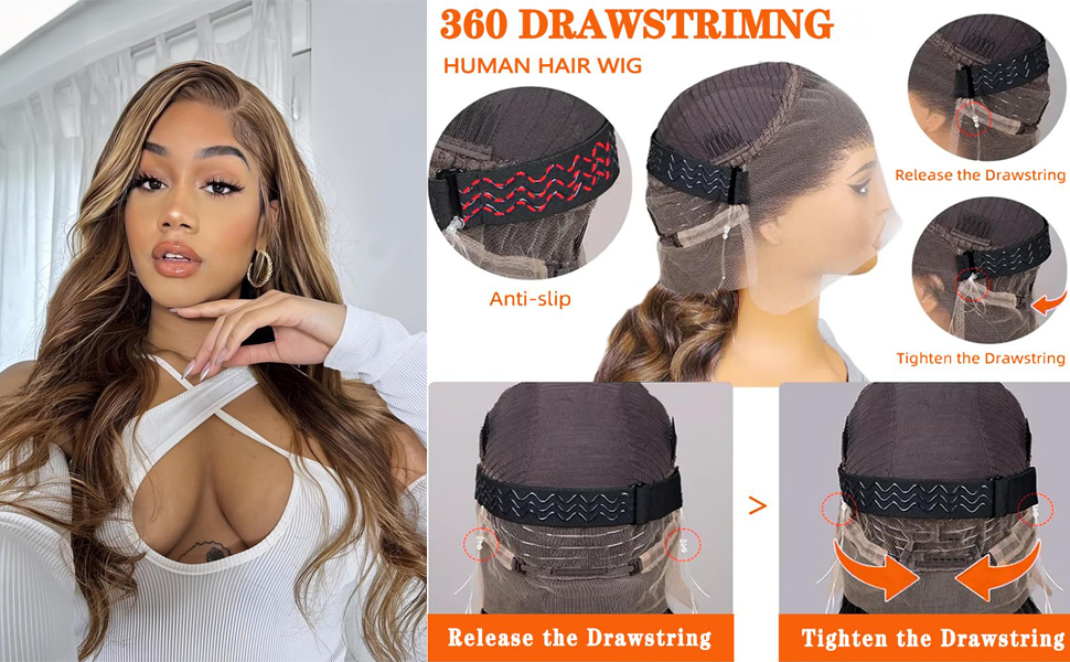 Drawstring 360 HD Lace Front Wigs Human Hair Highlight Wig Human Hair Frontal Glueless Wigs