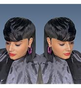 PurpleSexy Chic Elegent Mullet Human Hair Wigs for Black Women Glueless Short Layered Pixie Cut B...