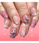 Pink Press on Nails Medium Square Fake Nails with Designs Christmas Tree Stick on Nail Glitter Fr...