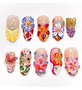 24Pcs Flower Press on Nails Medium Almond French Tip Fake Nails with 3D Butterfly Rhinestones Haw...
