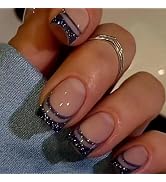 Black French Tip Press on Nails Short Square Fake Nails with Design Black Line False Nails Glitte...