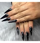 IMSOHOT Stiletto Press on Nails Extra Long Fake Nails All Black Glossy False Nails with Designs F...