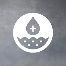 Icon of drop with a plus sign within it and some waves with light dots bellow
