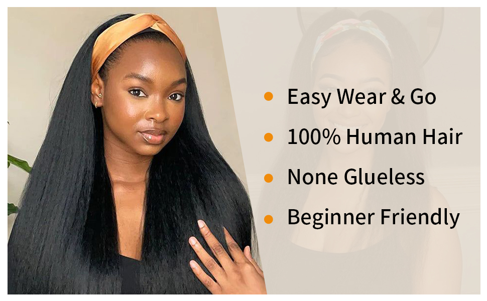 Vanmast Hair, Headband Wig,Half Wig, Kinky Straight Headband Wig Human Hair, Yaki Wig