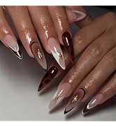 MERVF Press on Nails Long Stiletto Brown French Tip Fake Nails Fall Glue ons Acrylic Nail Leopard...