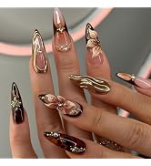 Handmade Press on Nails Long Almond False Nails with 3D Rhinestone Flower Design Gold Star Fake N...