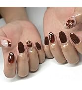 Stbisen Deep Brown Almond Press On Nails Short, Fall Fake Nails with 3D Floral & Gradient Detail,...