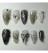 24Pcs Black Press on Nails Medium Almond Fake Nails with 3D Pearl Bow Designs Silver Star Acrylic...