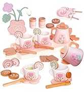 Wooden Tea Set for Little Girls, Pretend Play Tea Party Set Toy with 27 PCS Play Kitchen Accessor...