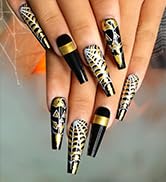 Morily 24Pcs Halloween Press on Nails Black Long Coffin Fake Nails with Gold Foil Pumpkin Acrylic...