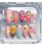 24Pcs Summer Flower Press on Nails Medium Almond Fake Nails with 3D Seashell Designs Pearl Rhines...