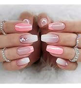 IMSOHOT Press on Nails Medium Coffin Fake Nails Glossy Pink Gradient False Nails with Rhinestone ...
