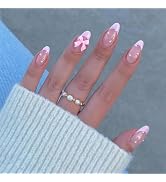 24 Pcs Pink French Tip Press on Nails Short Fake Nails Almond Shape False Nails Reusable Acrylic ...