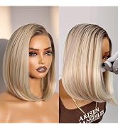 GORGIUS Ombre Blonde Bob Lace Front Wigs with Brown Roots Pre Cut Glueless Side Part Short Straig...