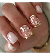 Summer Press on Nails Short Square, White and gold Fake Nails, Delicate Gold Foil Flower Designs,...