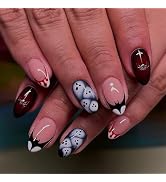 IMSOHOT Ghost Press on Nails Medium Almond Fake Nails Red Ombre & Black Bat French Nail Tips Full...