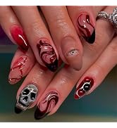IMSOHOT Red Ombre Press on Nails Medium Almond Fake Nails with 3D Skull & Eyeball Designs Glossy ...