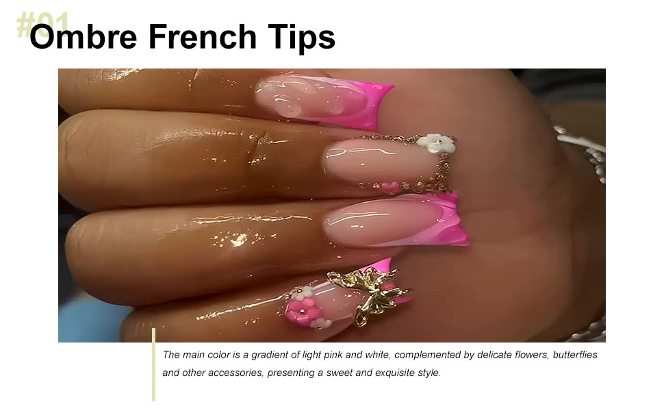 Pink French Tips Press on Nails Medium Duck False Nails with Gold Butterfly Charm Design