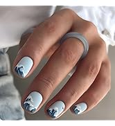 Press on Nails Short Square Fake Nails Summer False Nails Ocean Sea Wave Design Acrylic Stick on ...