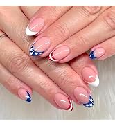 Independence Day Press on Nails Short Oval Fake Nails with Stars Designs Red White Blue French Ti...
