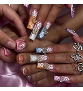 48Pcs Colorful French Tips Press on Toenails White Flower Press on Nails Long Square False Nails ...