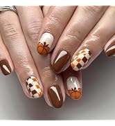 MERVF Round Press on Nails Medium Brown, Pumpkin French Tip Oval Fake Fall Glue ons Nails with Ch...