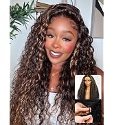 Nadula 13x4 HD Golden Brown Highlight Curly Water Wave Drawstring Wig Human Hair, Glueless Pre Ev...