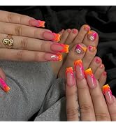 48Pcs Gradient Orange Pink French Tips Press on Toenails Water Ripple Press on Nails Long Square ...