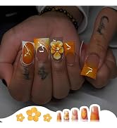 24Pcs Handmade Press on Nails Duck Fake Nails Medium Duck Nails Orange French Tip Acrylic Nails P...