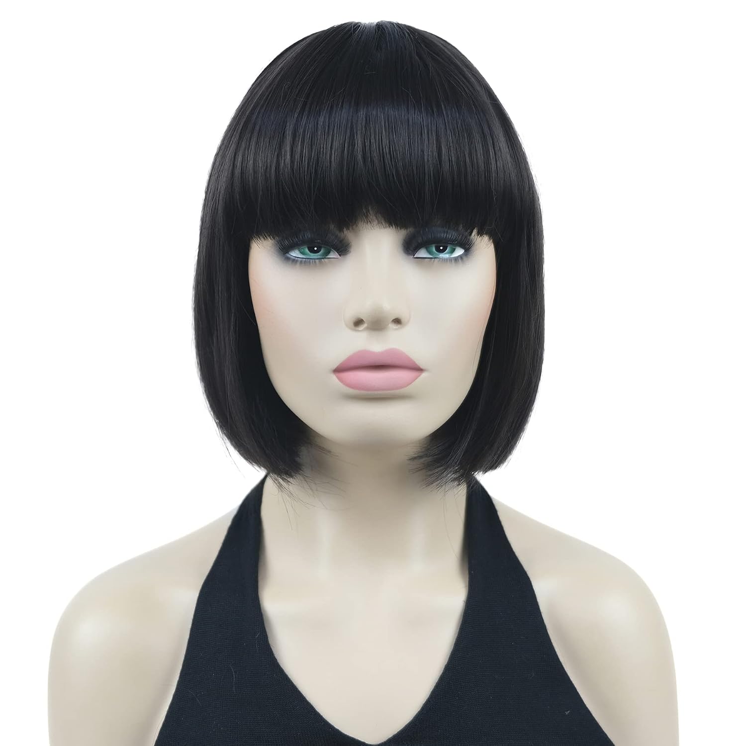 8-Inch Short Bob Wig with Flat Bangs, Heat Resistant Synthetic Hair