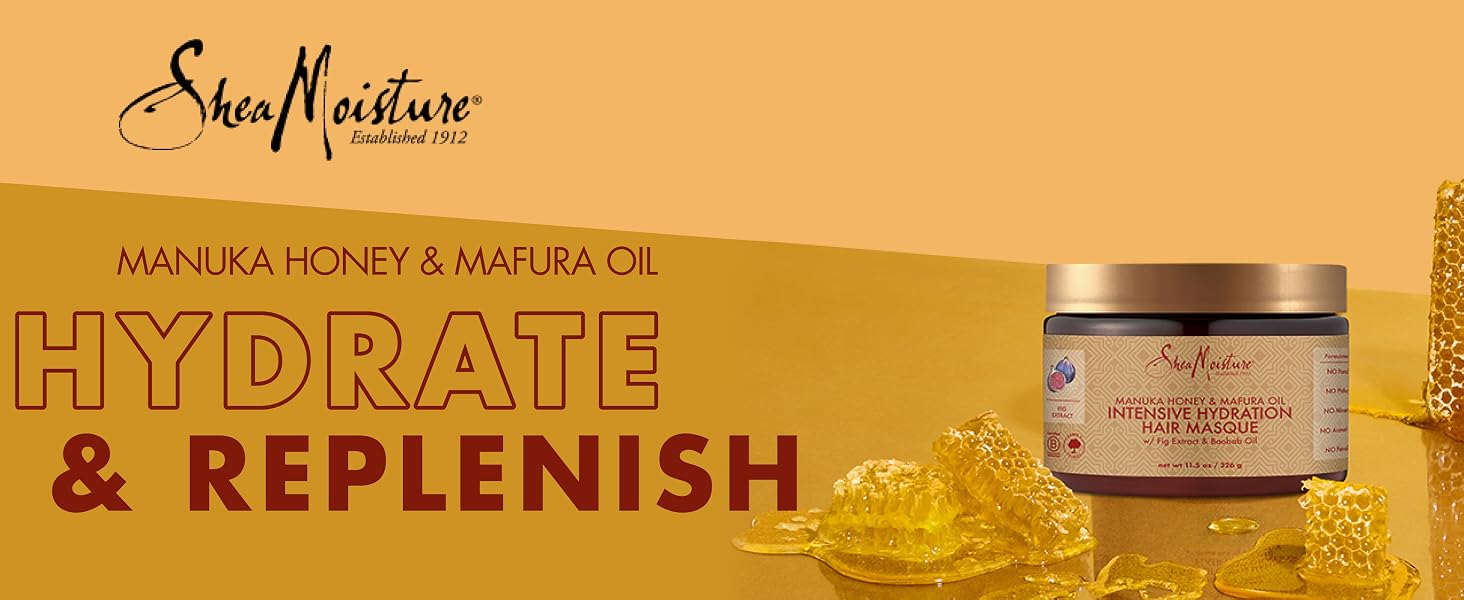 SheaMoisture Hair Masque container with honeycombs on a golden background.