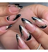 IMSOHOT Almond Press-on Nails - Black French Fake Nails, Medium Stiletto, Nude Glue, Glossy Full ...