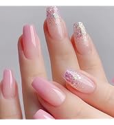 MISUD Press on Nails - Long Coffin Fake Nails with Pink Ombre, Acrylic Bling Glitter Design 24 pcs