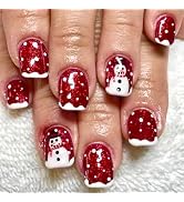 Christmas Press on Nails Short Square Fake Nails with Designs Snowmen Stick on Nail Red Glitter A...