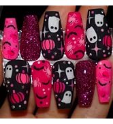 30 Pcs Halloween Press on Nails Short Coffin Nail Tips,YEFIUO Frosted Fake Nails Press ons Acryli...