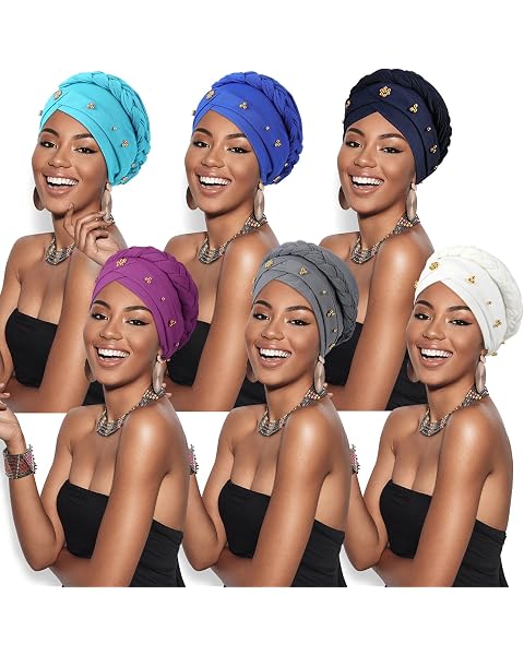 6 Pieces Women African Turban Head Wraps Caps Twisted Braid Beaded Elastic Wrap Cap