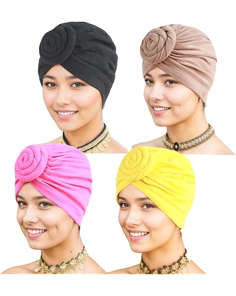 4-Pack Pre-Tied Stretch Turban Hats for Black Women,Soft African Knot Headwraps, Bo...