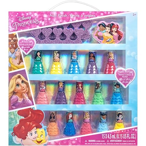 Disney Princess 15 Piece Water-Based Nail Polish with 3 Toe Spacers, Quick Dry, Peel Off, Gift Kit Set for Kids Girls, Ages 3 by Townley Girl