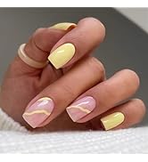 Yellow Press on Nails Medium Square Fake Nails Full Cover False Nails with Design Swirl Stick on ...