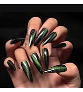 BABALAL Press on Nails Long Stiletto Fake Nails Green Glue on Magnetic Cat Eye Design Bling 24Pcs...